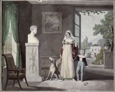 Matka a syn pláčou před bustou mrtvého vojáka, počátek 19. století od French School