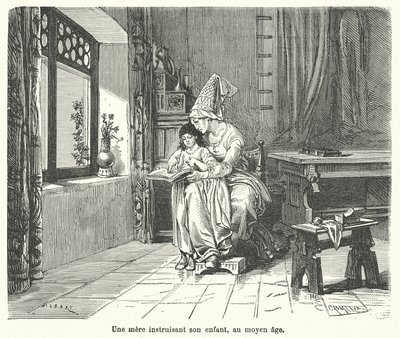 Matka učí své dítě ve středověku (rytina) od French School
