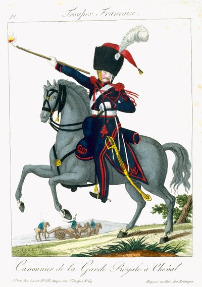 Jízdní dělostřelec královské gardy, z Troupes Francaises, hospoda. chez Basset, Paříž, kolem roku 1790 od French School