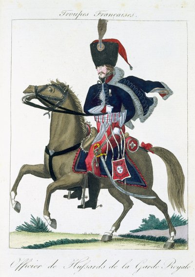 Jízdní důstojník husarů královské gardy, z Troupes Francaises, hospoda. chez Basset, Paříž, kolem roku 1790 od French School