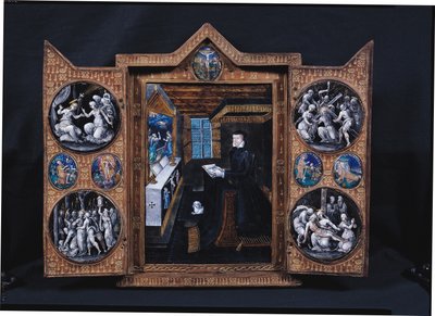 Smuteční skříň s výjevy ze života Krista a atributy Jindřicha II. (1519-59) a Kateřiny de Medici (1519-89) (smalt a dřevo) od French School