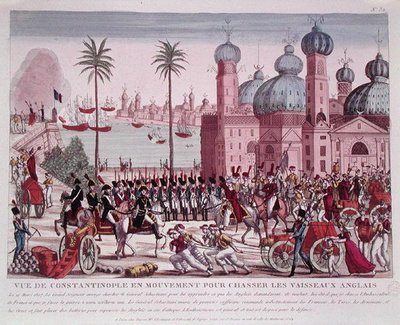Pohyb vojsk k vytlačení anglických plavidel z Konstantinopole, 21. března 1807 (barevná rytina) od French School