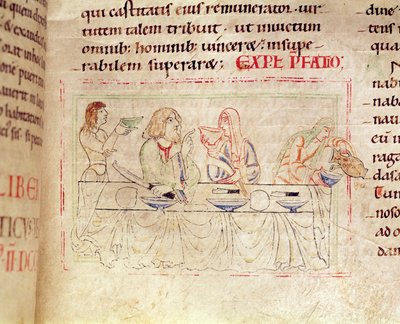 Ms.1215 t.3 fol.158v, Jídlo s Judith a Holofernem, z Bible Etienna Hardinga, 1109 od French School