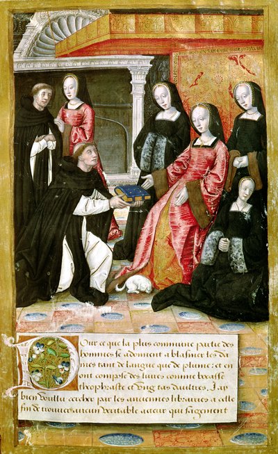 Ms.17 fol.1 Autor nabízí svou knihu Anně Bretaňské (1477-1514) z Vie des Femmes Celebres, kolem roku 1505 od French School