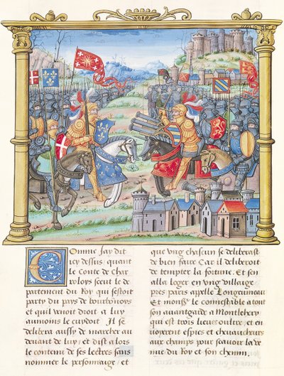 Ms.18 f.7v Bitva u Montlhery během války Ligy dobré veřejnosti, 14. července 1465, z Pamětí Philippa z Commines (1445-1509) od French School
