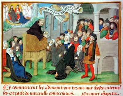Ms. 230 fol. 57 Mnich káže napodobování, z Kázání o utrpení a různých smluv od Jeana de Gersona (1363-1429) od French School