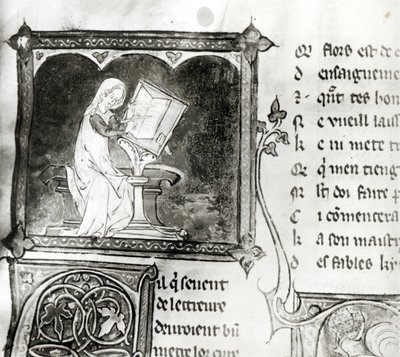 Ms.3142 fol.256 Marie de France (fl.12. století) psaní, z antologie francouzských básní, c.1280-90 (detail) od French School