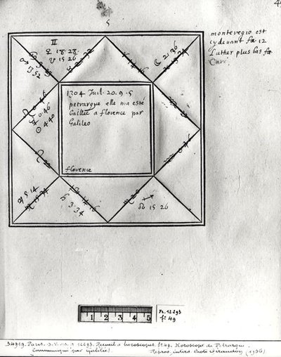 Ms.Fr.12293 fol.49 Horoskop Petrarca (1304-74) od Galilea, ze sbírky horoskopů postav 14. až 17. století od French School