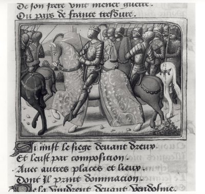 Ms.Fr.5054 fol.26 r Karel VII. (1403-61) a Johanka z Arku při obléhání Dreux, z Les Vigiles de Charles VII od Martiala dAuvergne nebo de Paris (1430-1508) 1484 od French School