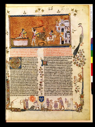 Paní Fr 122 f.1 Sir Lancelot překračuje Mečový most z římského de Lancelot du Lac, 1344 od French School