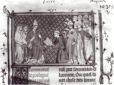 Paní Fr. 5716 f.2 Jean dAntioch před Martinem IV., z Život a zázraky sv. Ludvíka, kolem 1330-40 od French School
