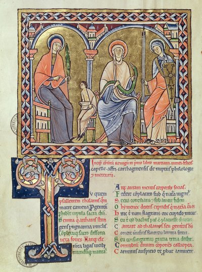 Ms 1041 f.1v Gramatika, dialekt a rétorika ze Satyricon od Martiana Capelly, kolem 1200 od French School