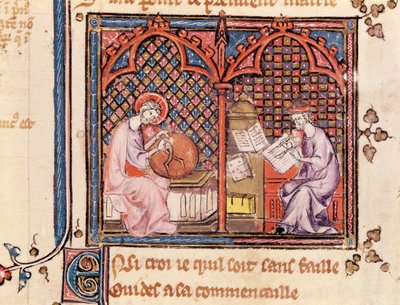 Ms 1044 Fol.16v Slovo, Stvořitel světa a Autor píšící svou knihu, z Ovide Moralise napsal Chretien Legouais od French School