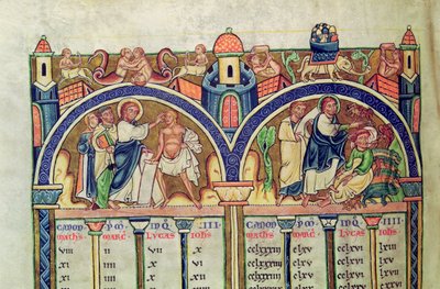 Ms 10 f.128v Canon of the Evangelists, detail znázorňující Krista uzdravujícího muže s vodnatelností a vyhánění démonů z posedlého muže, z latinské Bible od French School