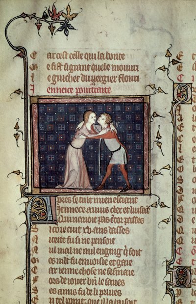 Ms 1126 fol.8r Youth and Love Embracing, z Le Roman de la Rose od Guillaume de Loris a Jean de Meung od French School