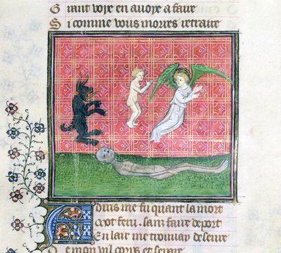 Ms 1130 Soul opouštějící tělo v doprovodu anděla, miniatura z Le Livre des Proprietes des Choses od Barthelemyho lAnglaise od French School