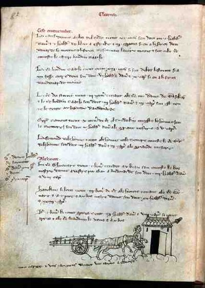 Paní 1175 f.8v Farmer s koněm a vozíkem, z Vieil Rentier dAudenarde, 1291-1302 od French School