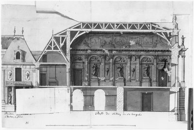 Ms 130736 Jih-severní řez Grand Salonem a Salle de Diane zámku ve Versailles postavený Louisem Le Vau ((1612-70) (wc na papíře) od French School