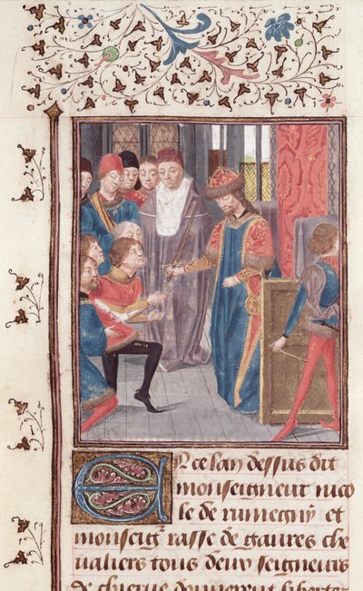 Ms 149 t.3 fol.95v Jmenování dvou rytířů, z Histoire des Nobles Princes de Hainaut, Jacques de Guise od French School