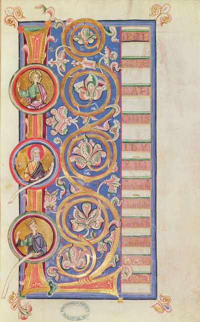 Ms 14 fol.23 Historická iniciála L s medailony, z evangeliáře od French School