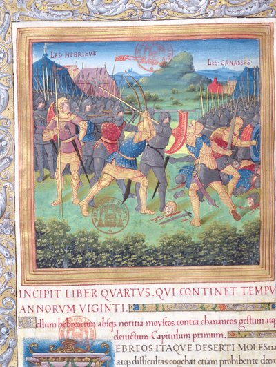 paní 1581 f. 071 Ilustrace z knihy IV (Od odmítnutí oné generace k Mojžíšově smrti), kapitola 1 Starožitnosti Židů (Antiquitates Judaicae) od Flavia Josepha - Boj o od French School