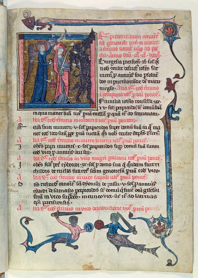 Ms 16261 fol.13v St. Genevieve bojující s démonem s pomocí anděla, z Censier de lAbbaye Sainte-Genevieve od French School