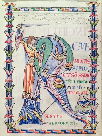 Ms 168 f.4v Historická iniciála R zobrazující rytíře bojujícího s drakem, z Moralia in Job od papeže Řehoře Velikého od French School