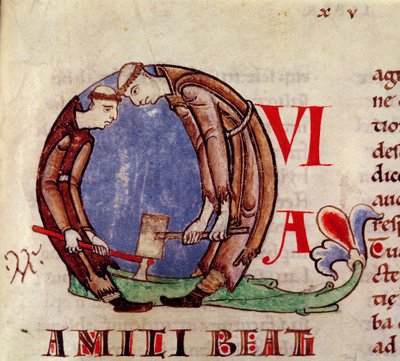 Ms 170 fol.59 Historická iniciála Q zobrazující mnichy štípající dřevo, z Moralia in Job od papeže Řehoře Velikého od French School