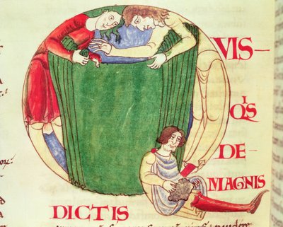 Ms 173 fol.92v Historizovaná iniciála Q s vyobrazením drapáků, z Moralia in Job papeže Řehoře Velikého, burgundská škola od French School