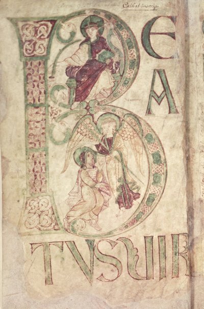 Ms 18 f.1v Historická iniciála B zobrazující svatého Jana Evangelistu a anděla, ze žaltáře z Corbie od French School