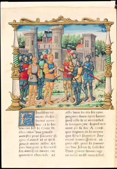 Ms 18 f.32v Conflansova smlouva mezi Ludvíkem XI a Karlem Smělým, vévodou burgundským, říjen 1465, z Pamětí Filipa z Commines (1445-1509) od French School