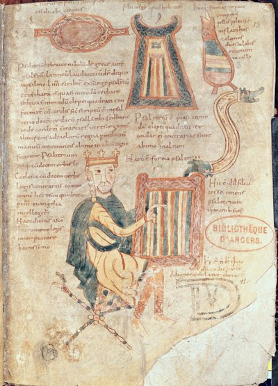 Ms 18 fol.13 Král David hrající na žaltář, z žaltáře od French School