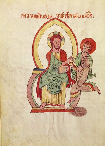 Paní 1 Fol 111v Svatý Jan běží přijmout evangelium od Krista, sedí v mandorle, miniatura z evangelia Saint-Michel-de-Cuxa, kolem 1070-1130 od French School