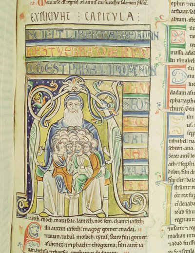 Ms 1 f.256 Historický dopis A zobrazující generace v lůně Abrahama, ze Souvigny Bible od French School