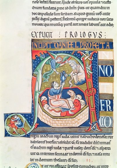 Ms 1 fol. 185v Historická iniciála A zobrazující Daniela ve Lví jámě, ze Souvigny Bible od French School