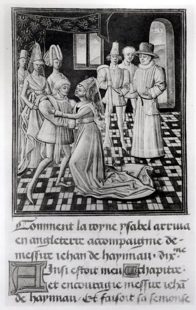 paní 1 fol. 6 v. Isabella Francouzská, anglická královna, odchází Williama I., hraběte z Hainaut, z Froissarts Chronicle od French School