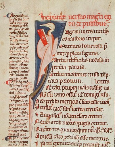 Ms 2046 fol.438 Pták držící knihu Gillese de Corbeila (1165-1222) z „Aforismů“ od Hippokrata (asi 460–377 př. n. l.) s komentářem Claudia Galena (asi 130–201) (pergamen) od French School