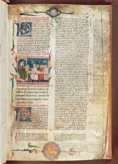 paní 2046 fol. 1 Instruktážní scéna, první stránka Aforismů od Hippokrata s komentáři od Galena od French School