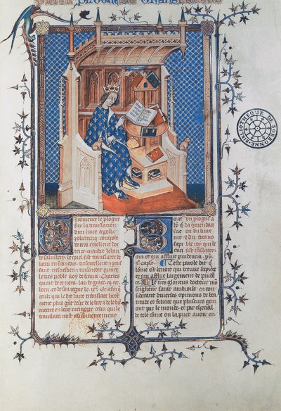Ms 24287 fol. 2. Karel V., moudrý, král francouzský, od Jana ze Salisbury, Polycraticus, přeložil Denis Foulechatis, kolem roku 1372 (vellum) od French School