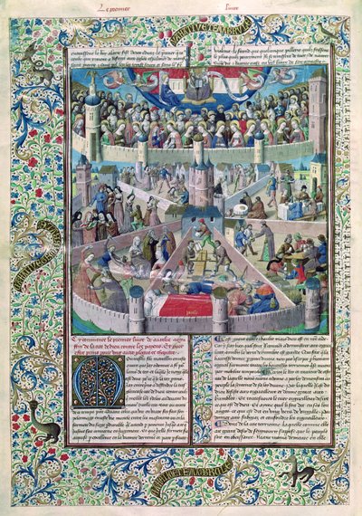 Ms 246 fol.3v Neřesti a ctnosti na Zemi, z De Civitate Dei od sv. Augustina z Hippo (354-430) od French School