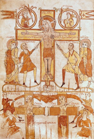 Ms 24 fol. 7v Ukřižování a rozdělení šatů Spasitele, z evangelia od French School