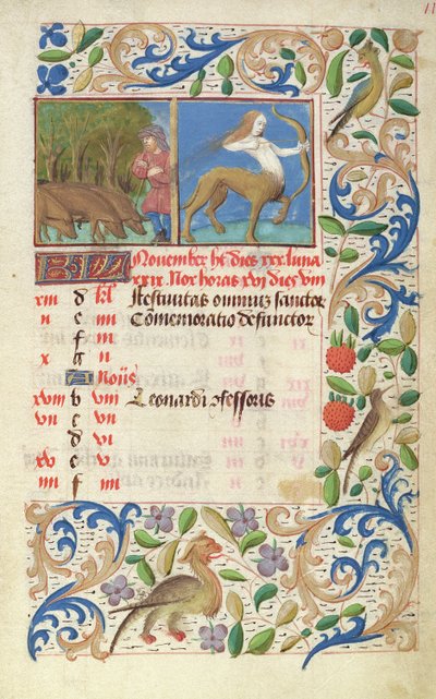 Ms 2697 Kalendář na měsíc listopad z Heures de Notre Dame od French School