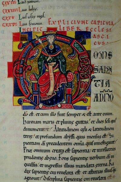 Ms 2 fol.8 Historická iniciála O zobrazující postavu Moudrosti, z Bible sv. od French School