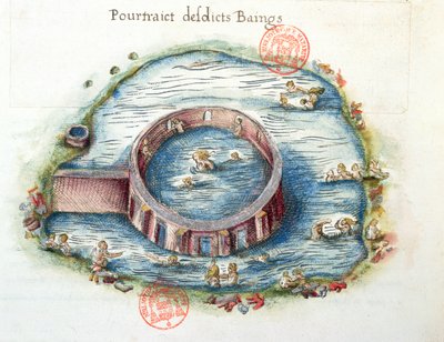 Ms 3242 The Baths of Bourbon-Lancy, ilustrace z Generale Description du Bourbonnais od Nicolase de Nicolay, 1569 (wc na papíře) od French School