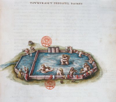 Ms 3243 The Baths of Bourbon lArchambaut, Auvergne, ilustrace z Generale Description du Bourbonnais od Nicolase de Nicolay, 1569 (wc na papíře) od French School