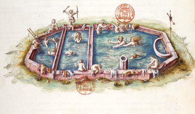 Ms 3243 The Baths of Nerys v Neris-les-Bains, ilustrace z „Generale Description du Bourbonnais“ od Nicolase de Nicolay od French School