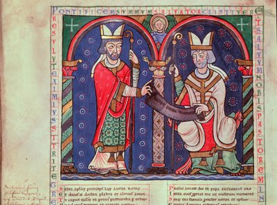 Ms 3401 fol.39v Rabanus Maurus (c.780-856) nabízí svou knihu papeži Řehořovi I. (540-604) z opatství Anchin od French School