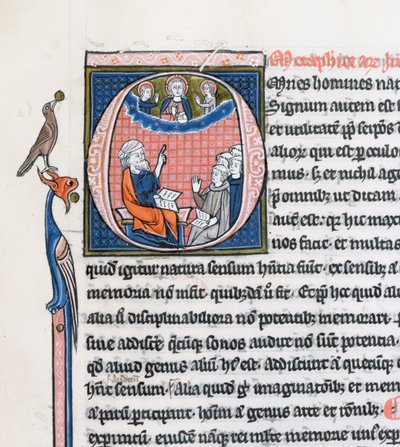 Ms 3458, historická iniciála O zobrazující starověkého řeckého filozofa Aristotela, jak učí skupinu duchovních ze západní Evropy a ukazuje vzhůru k Bohu na nebesích (pero, inkoust a tempera od French School