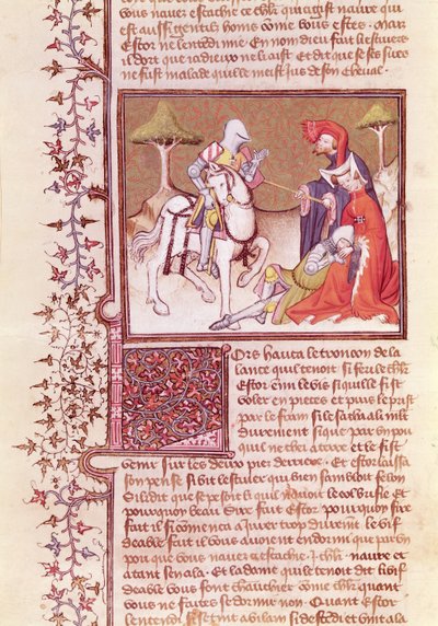 Ms 3479 fol.516 A tak vytáhl kopí z umírajícího rytíře, z Livre de Messire Lancelot du Lac od French School