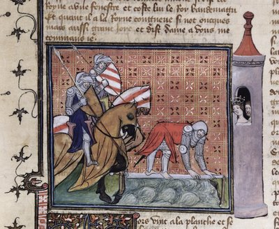 Ms 3480 fol. 77 Lancelot Přechod přes mečový most z Livre de Messire Lancelot du Lac od French School